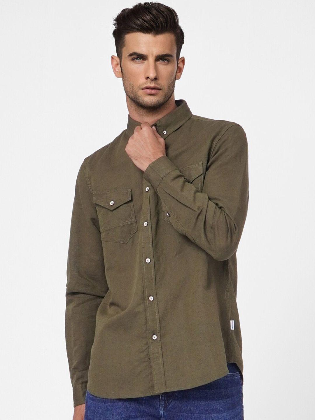 jack & jones men olive green printed regular fit casual shirt