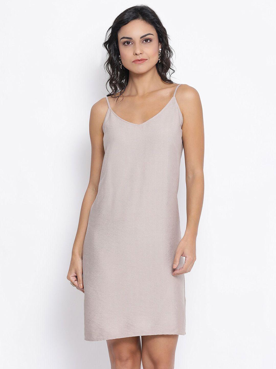 lela beige crepe solid a-line dress