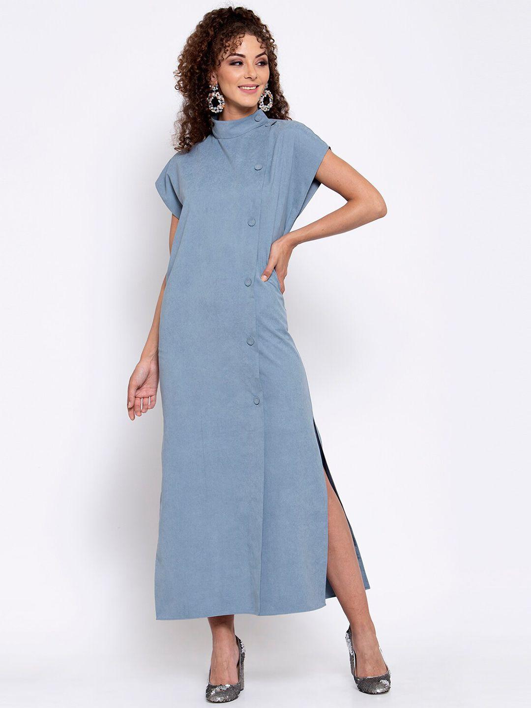 lela blue cowl neck leather maxi dress