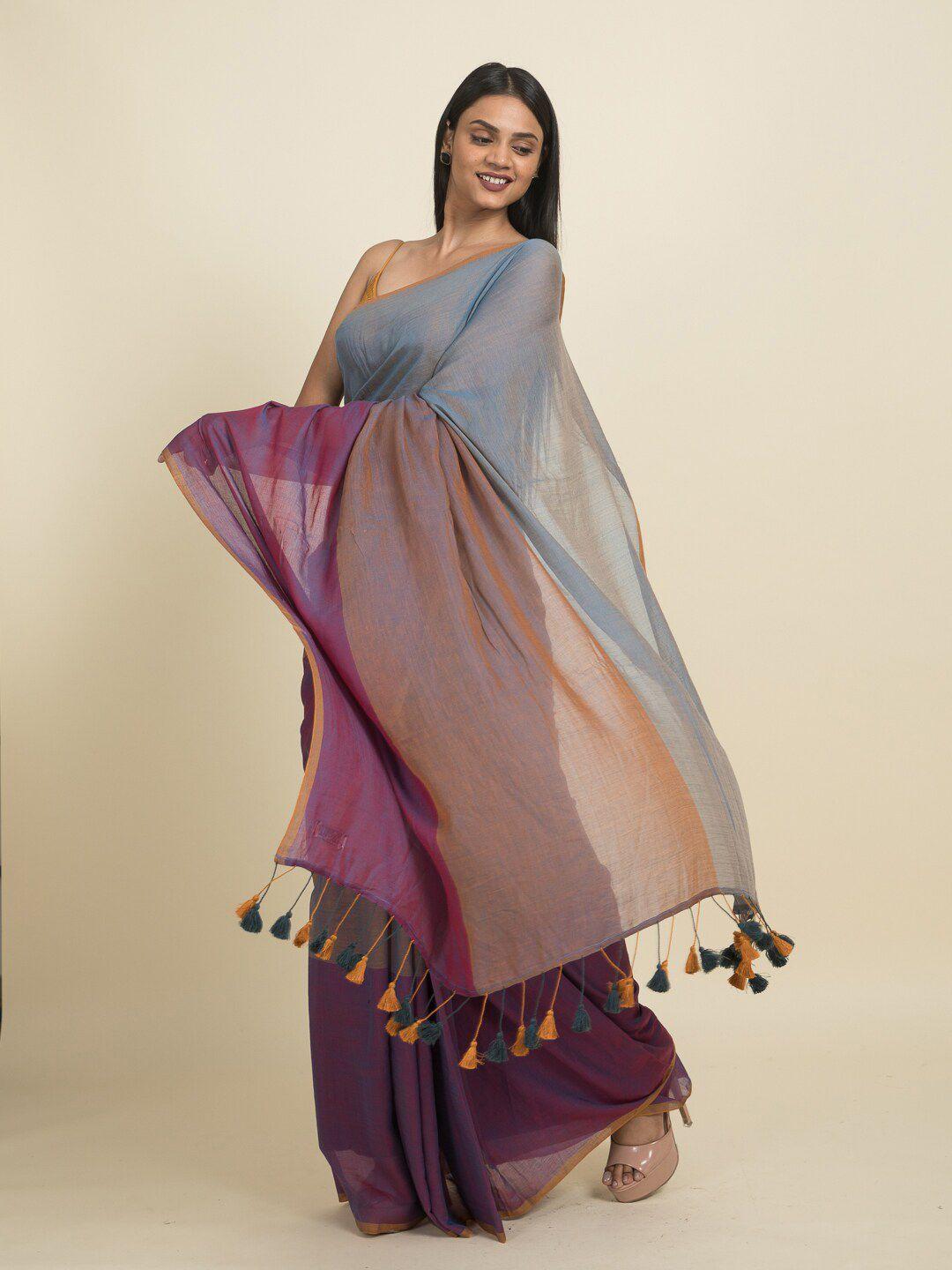 suta grey & purple pure cotton saree