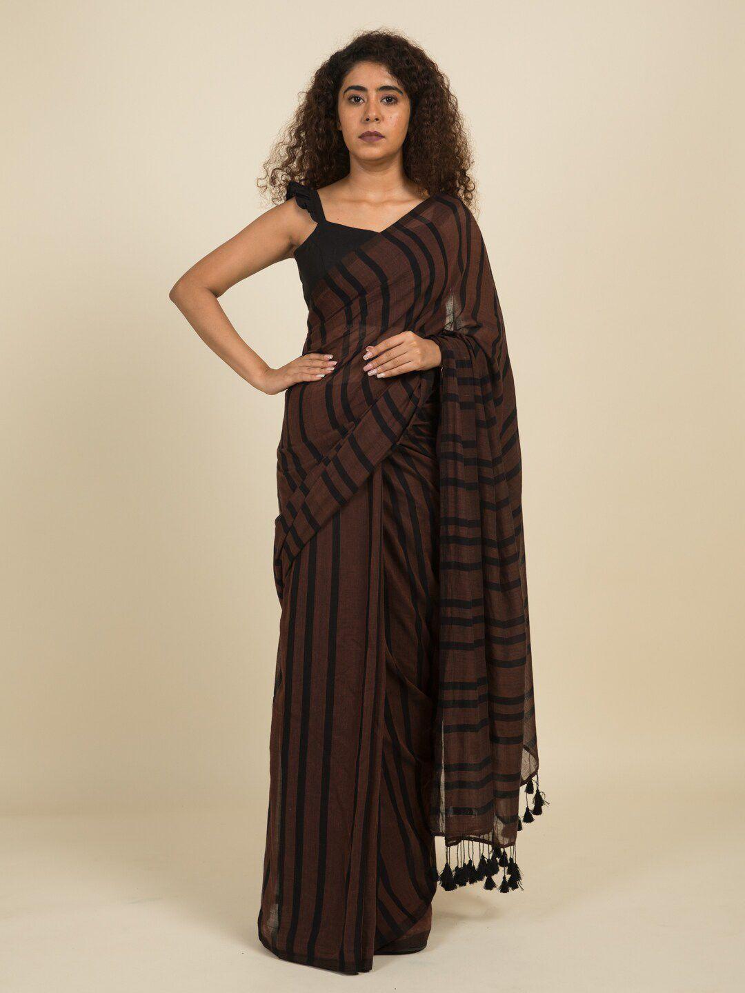 suta brown striped pure cotton saree