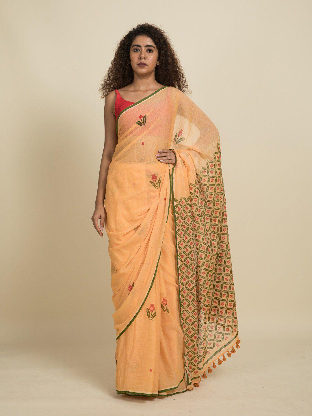 suta peach-coloured & green floral pure cotton saree