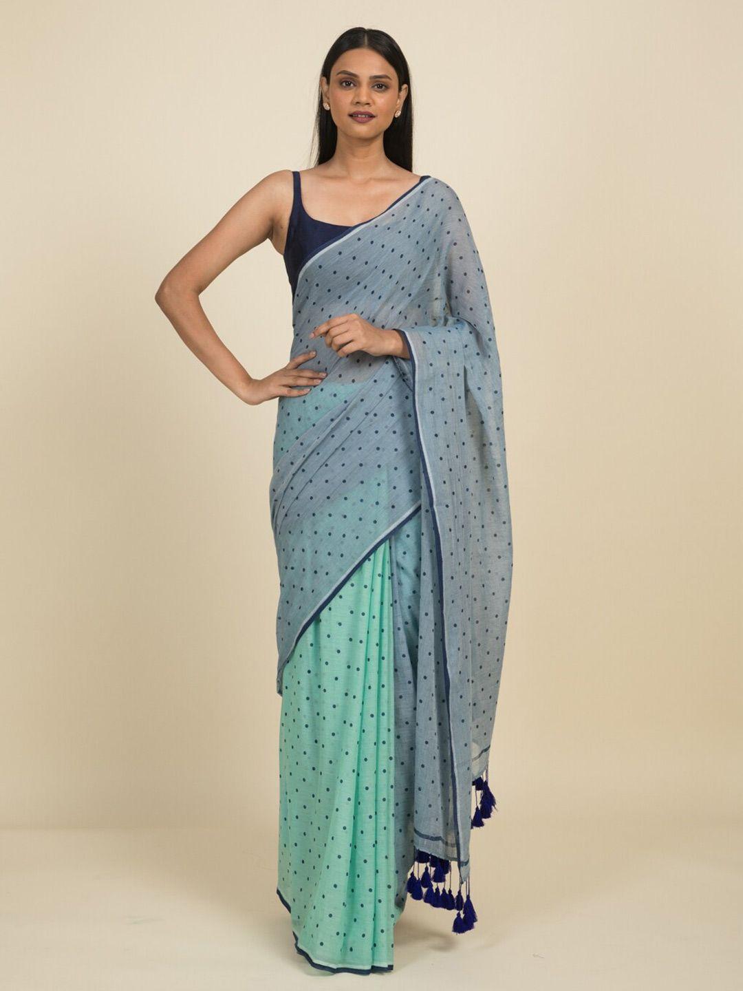 suta blue & green polka dots pure cotton saree