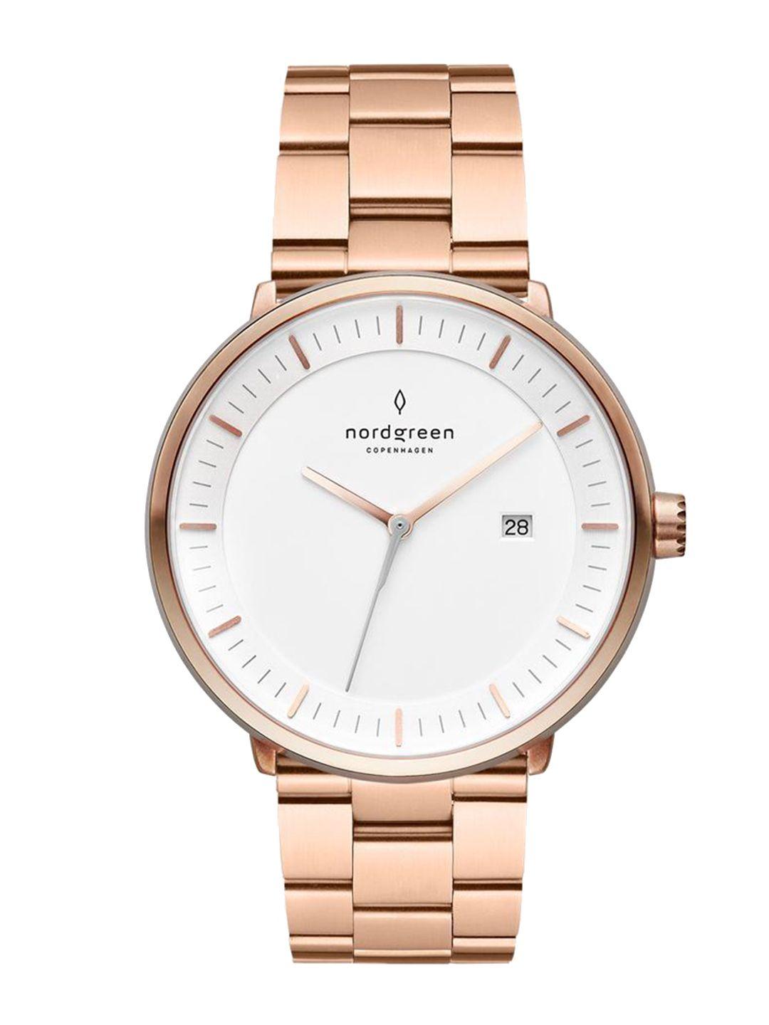 nordgreen men white dial & rose gold toned stainless steel bracelet style straps analogue watch