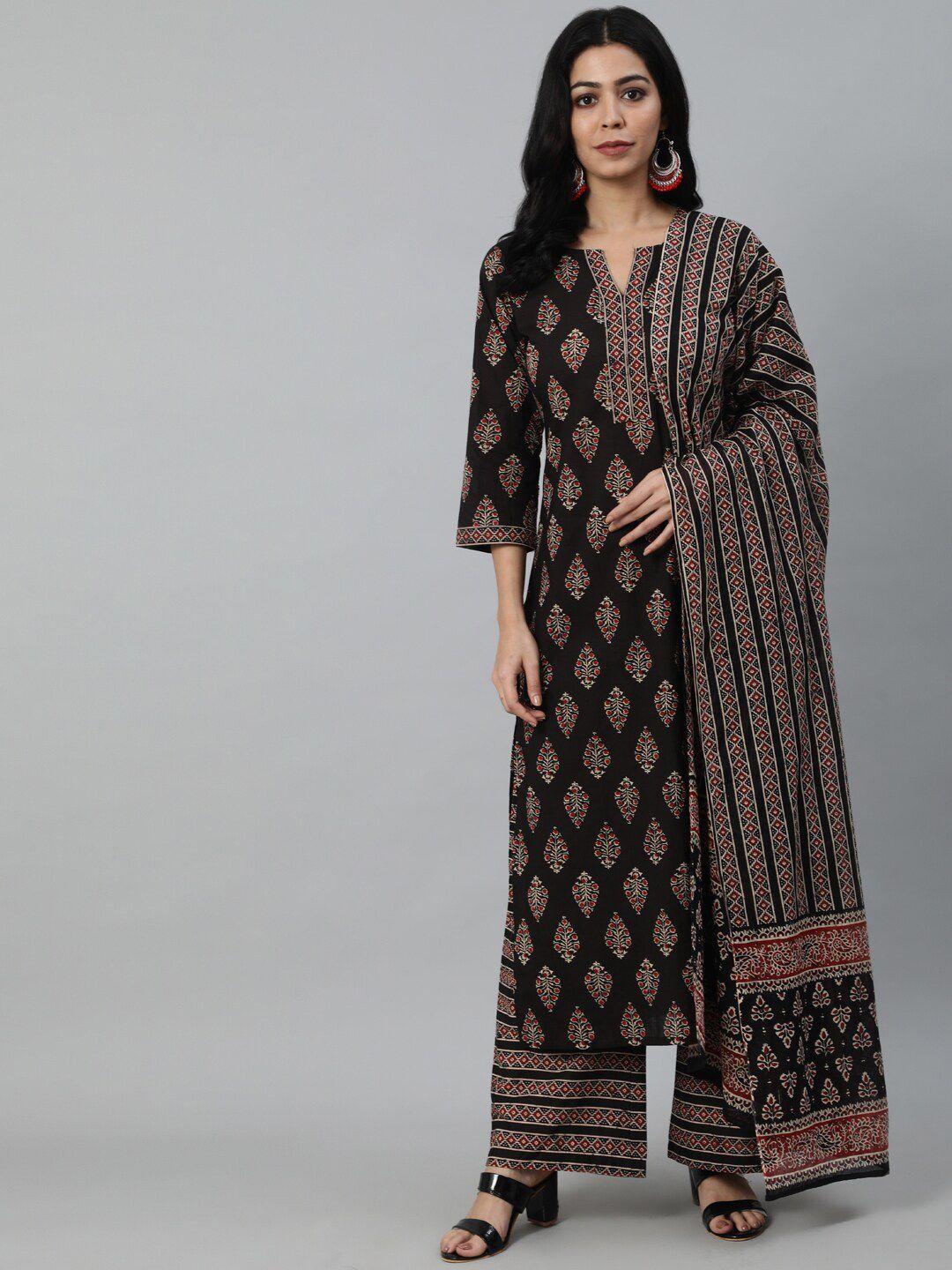 nayo women black floral printed pure cotton kurta with palazzos & with dupatta