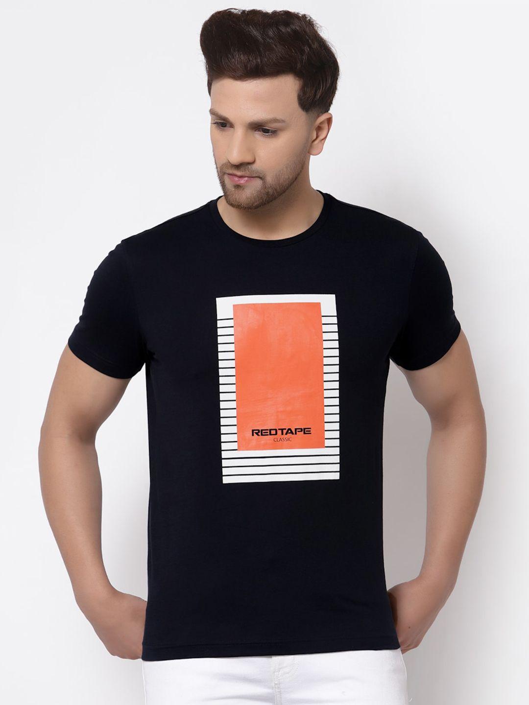 red tape men navy blue & orange printed t-shirt