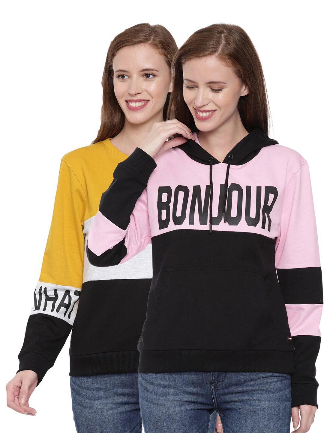 3pin women pack of 2 yellow & pink printed sweatshirt