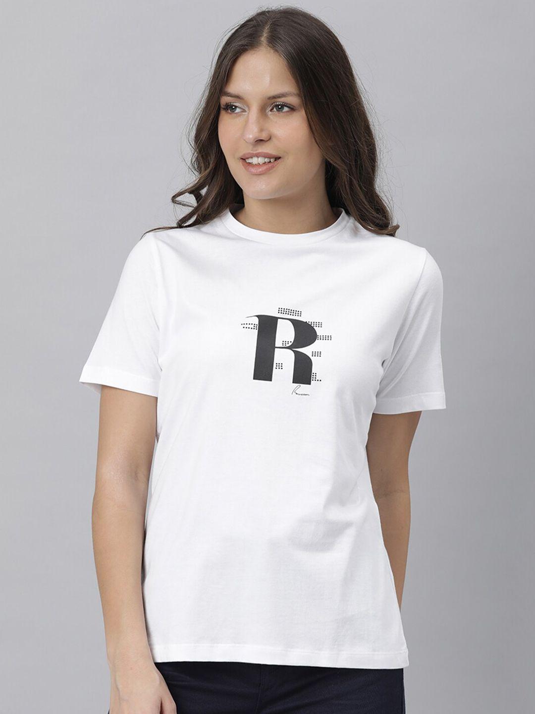 rareism women white typography printed pure cotton slim fit t-shirt