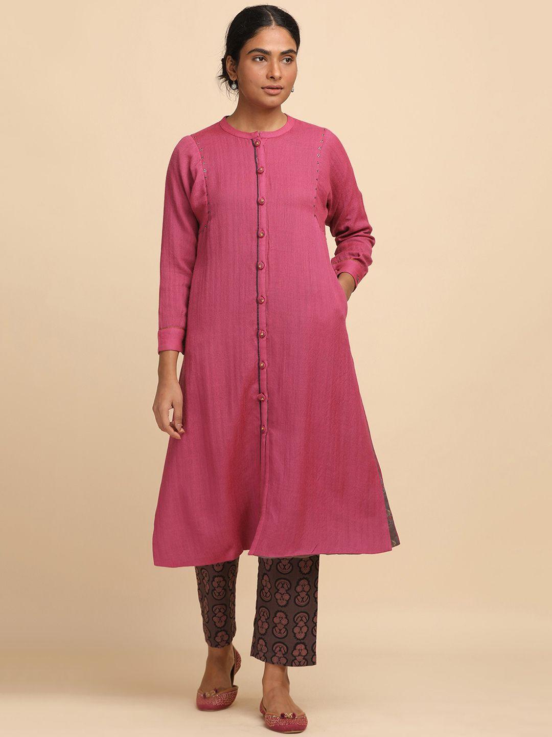 w the folksong collection women pink checked longline tailored jacket with embroidered