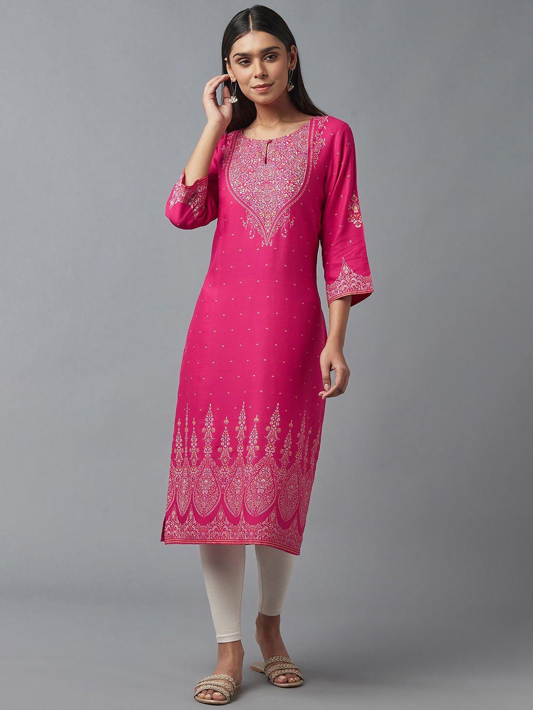 w women pink ethnic motifs embroidered keyhole neck kurta