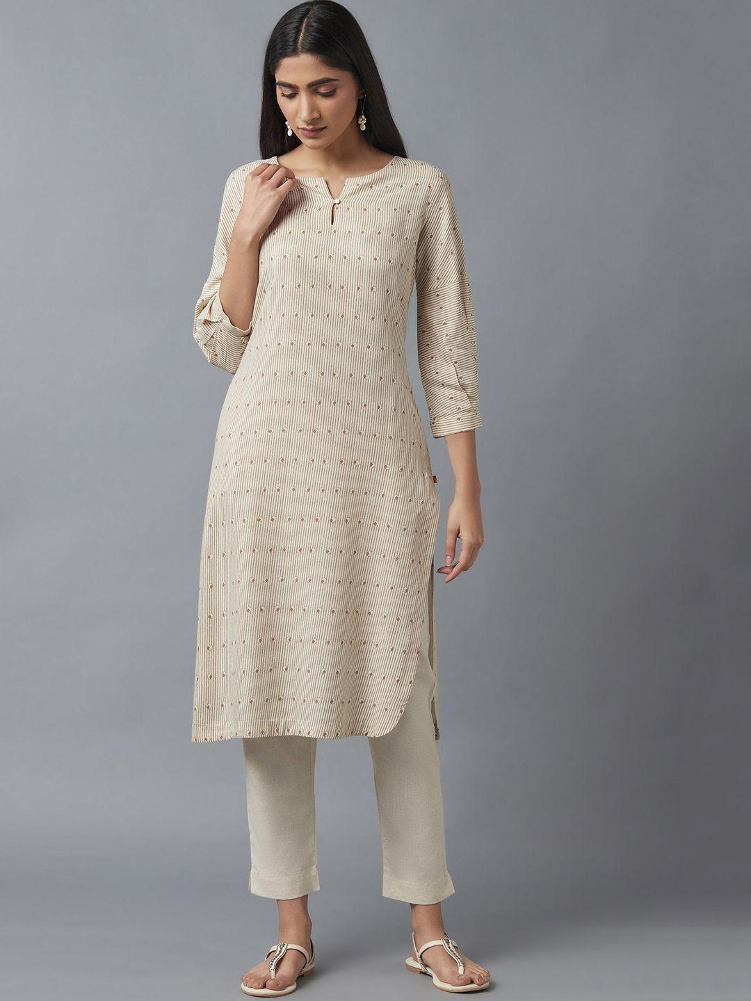 w women beige & brown striped kurta