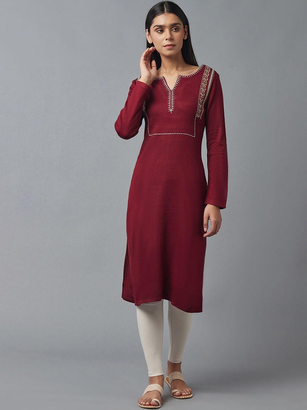 w women red embroidered keyhole neck thread work kurta