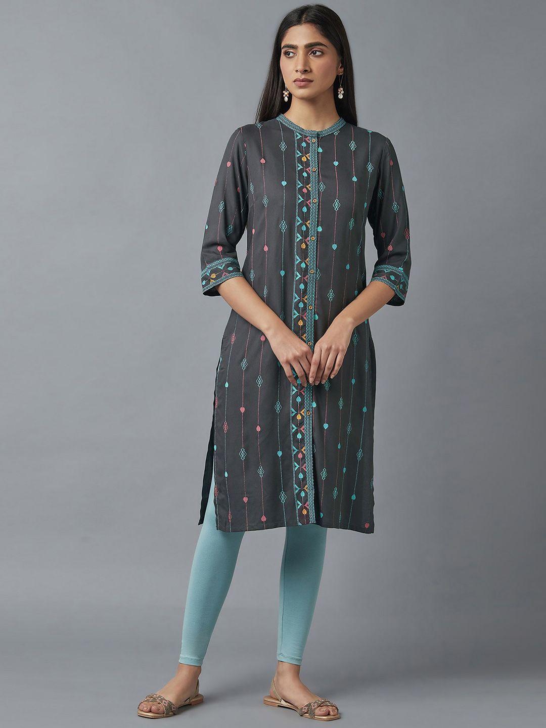 w women grey geometric embroidered kurta