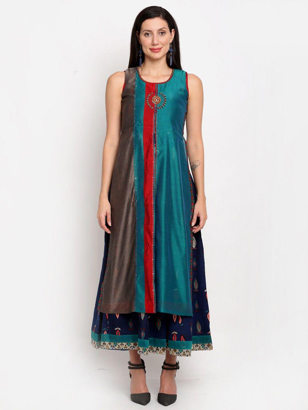 lovely lady green & blue ethnic motifs double layered maxi dress with kantha work