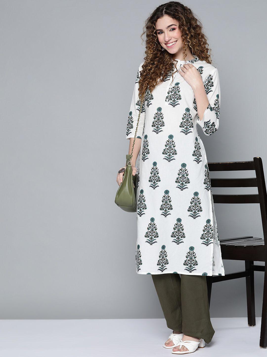 here&now women white & green floral printed pure cotton kurta