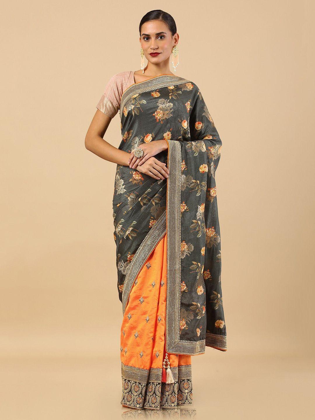 soch grey floral printed tussar saree