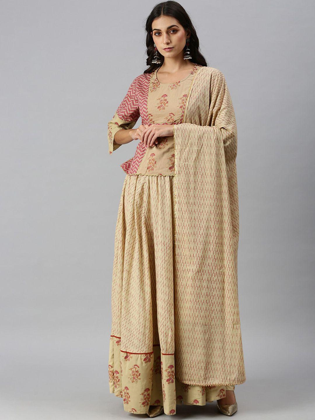 showoff women beige pleated top with skirt & dupatta