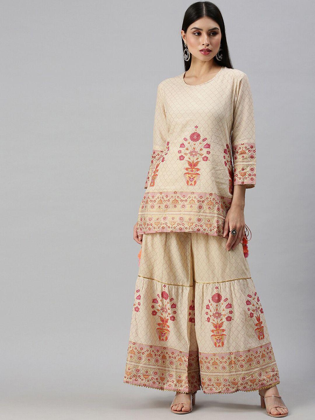 showoff women cream-coloured floral printed kurti with sharara