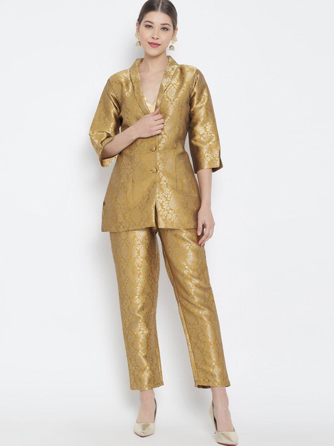 raisin women gold-toned brocade blazer with trousers