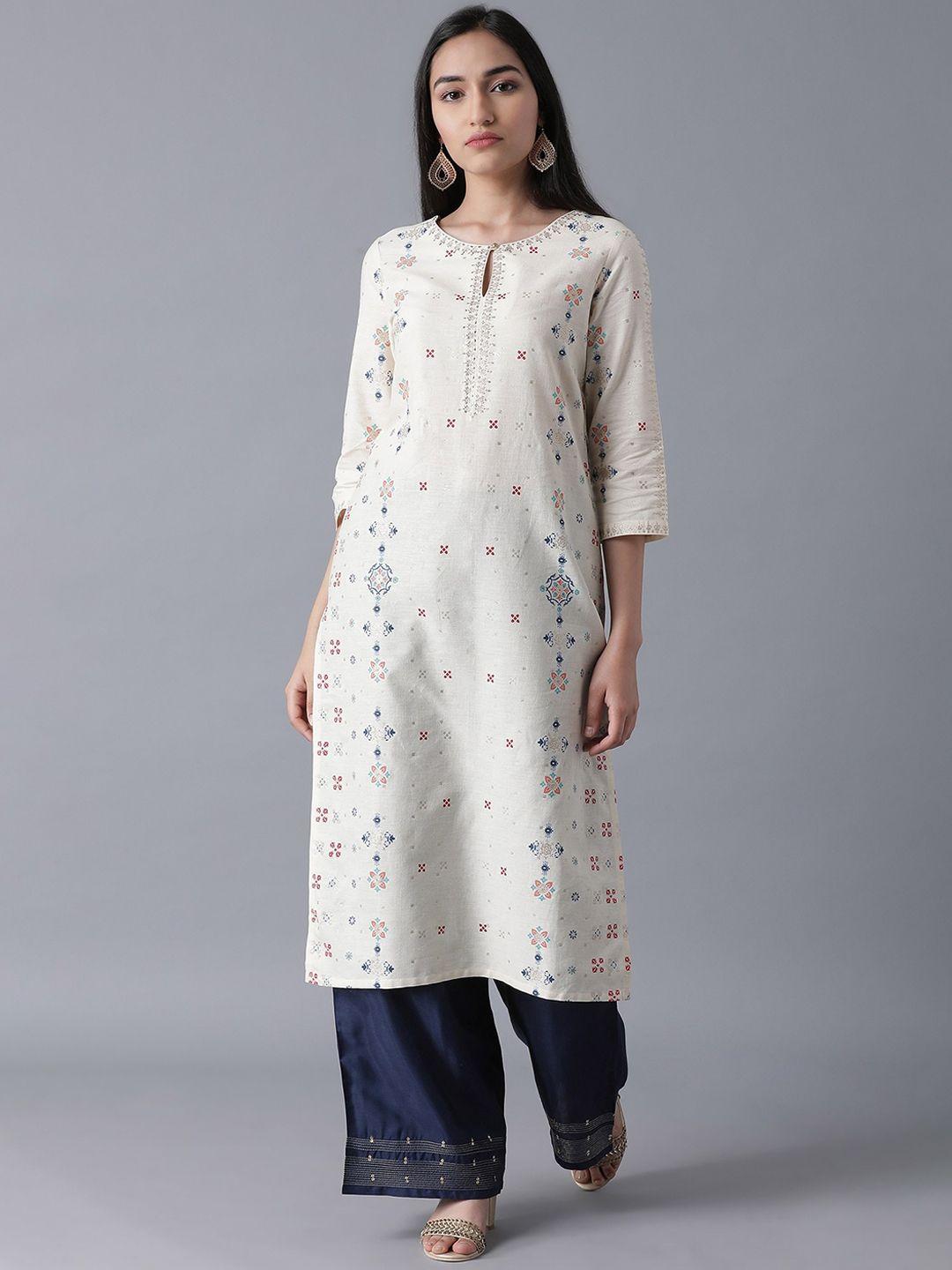 w women white geometric printed thread work kurta