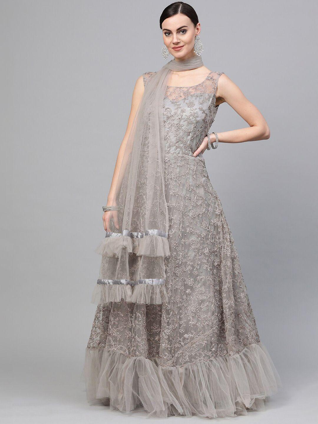 chhabra 555 grey embellished net ethnic maxi dress