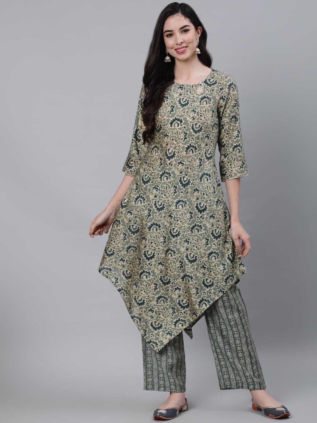 jaipur kurti women green floral printed asymmetric kurta with trousers