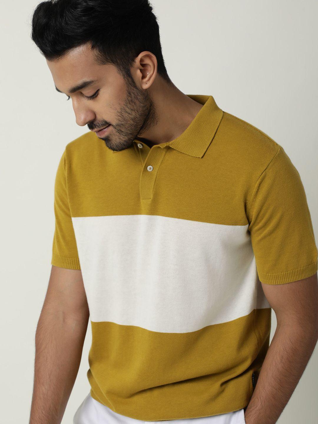 rare rabbit men mustard yellow & white colourblocked polo collar pure cotton slim fit t-shirt