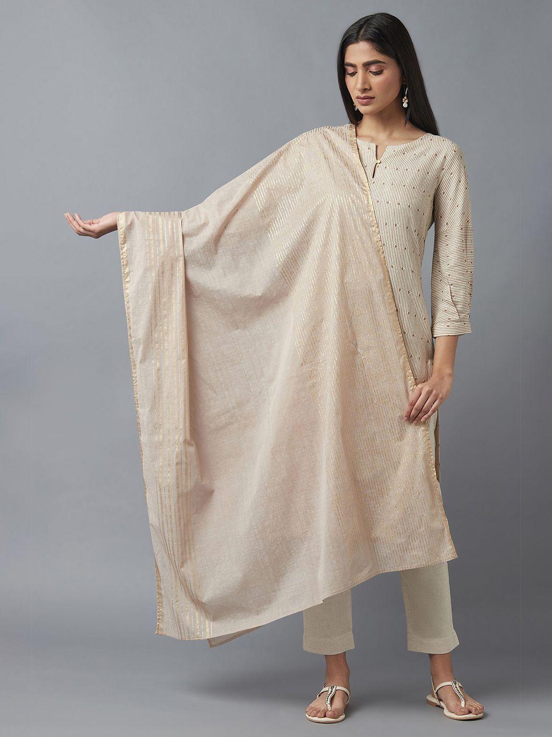 w beige & gold-toned striped pure cotton dupatta