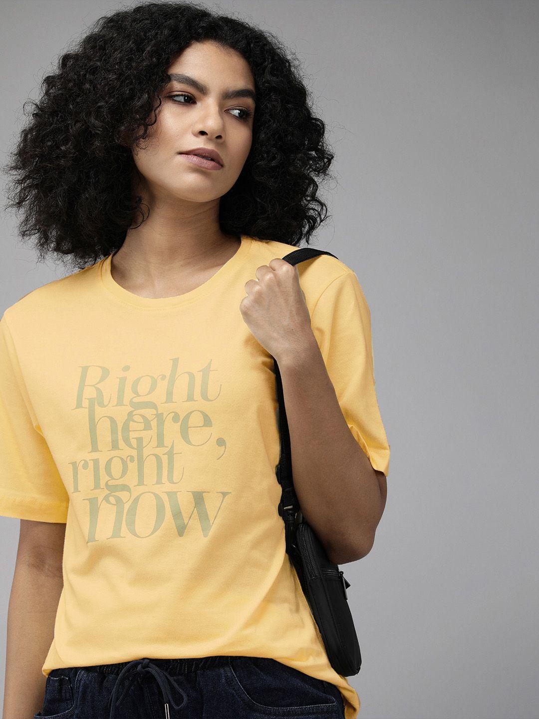 the roadster lifestyle co women yellow & blue printed pure cotton t-shirt