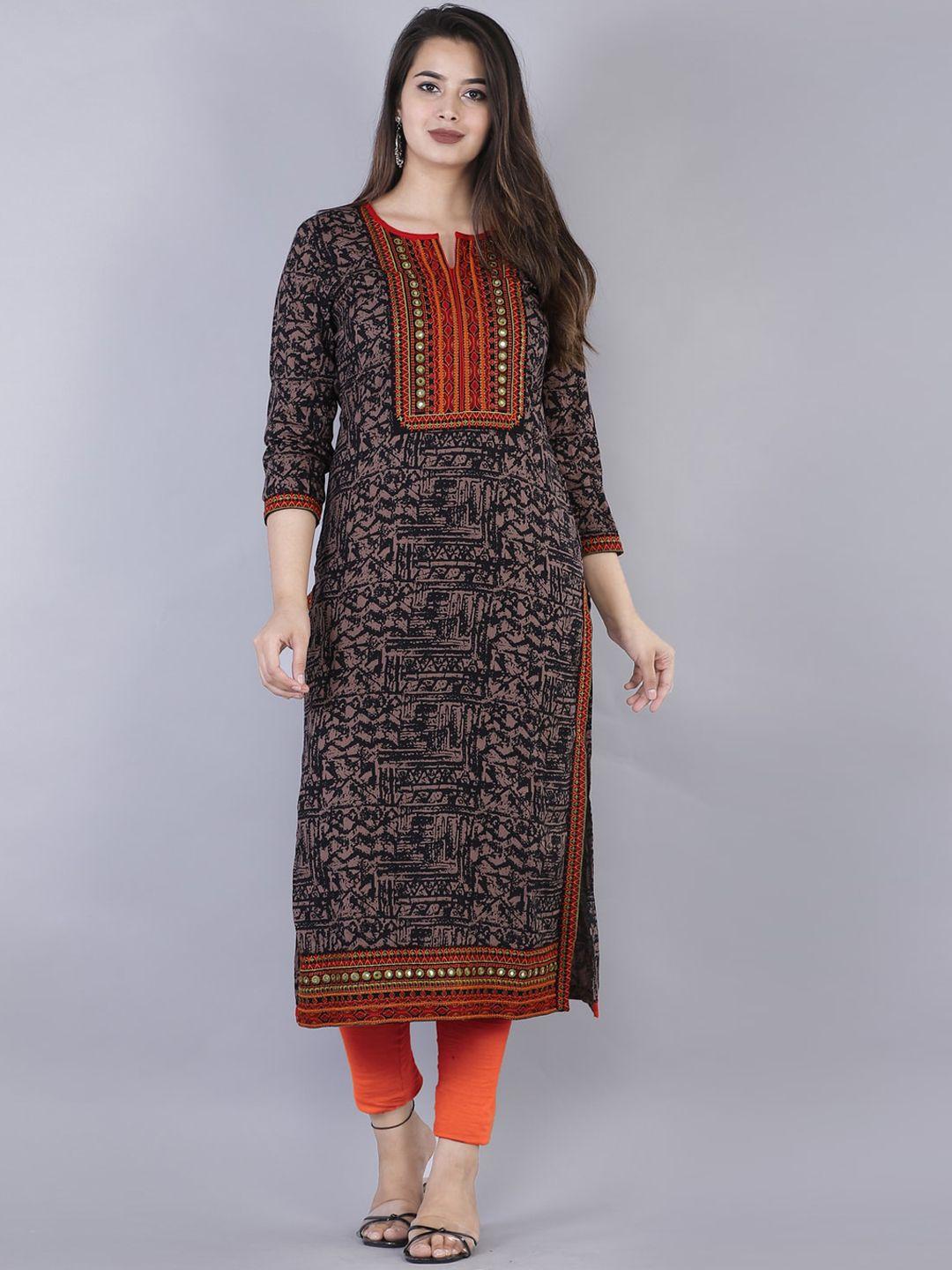 kalini women brown geometric printed flared sleeves thread work kurta