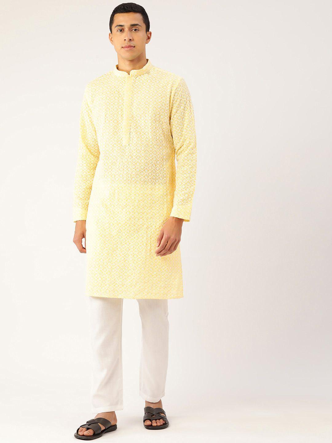 molly & michel men yellow floral embroidered chikankari kurta