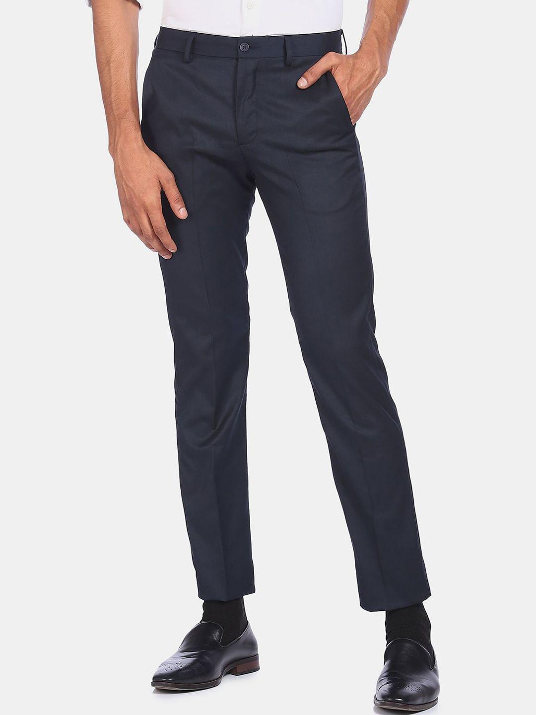 excalibur men blue textured mid rise regular fit trousers