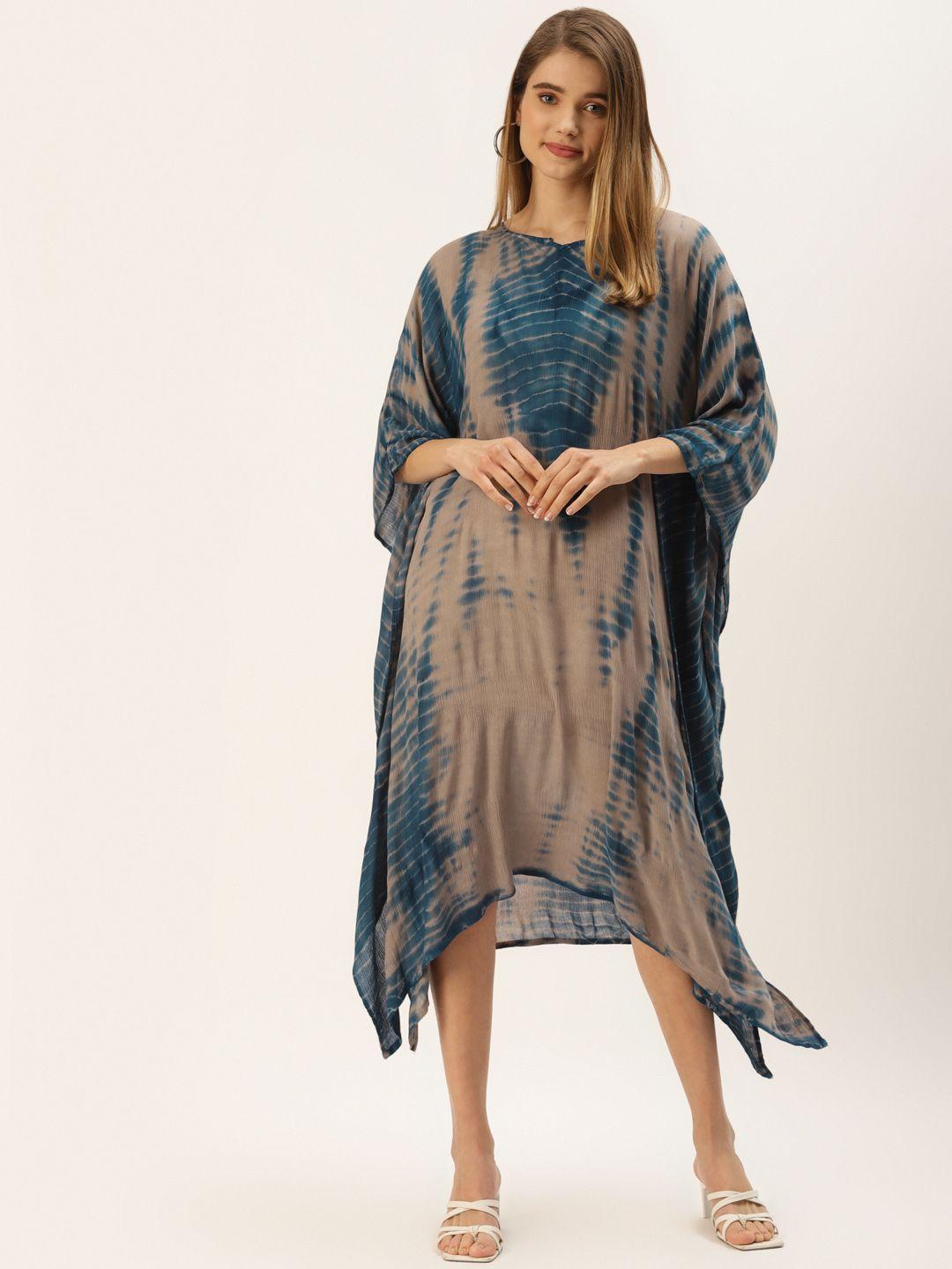 maaesa women beige & blue tie and dye kaftan midi dress