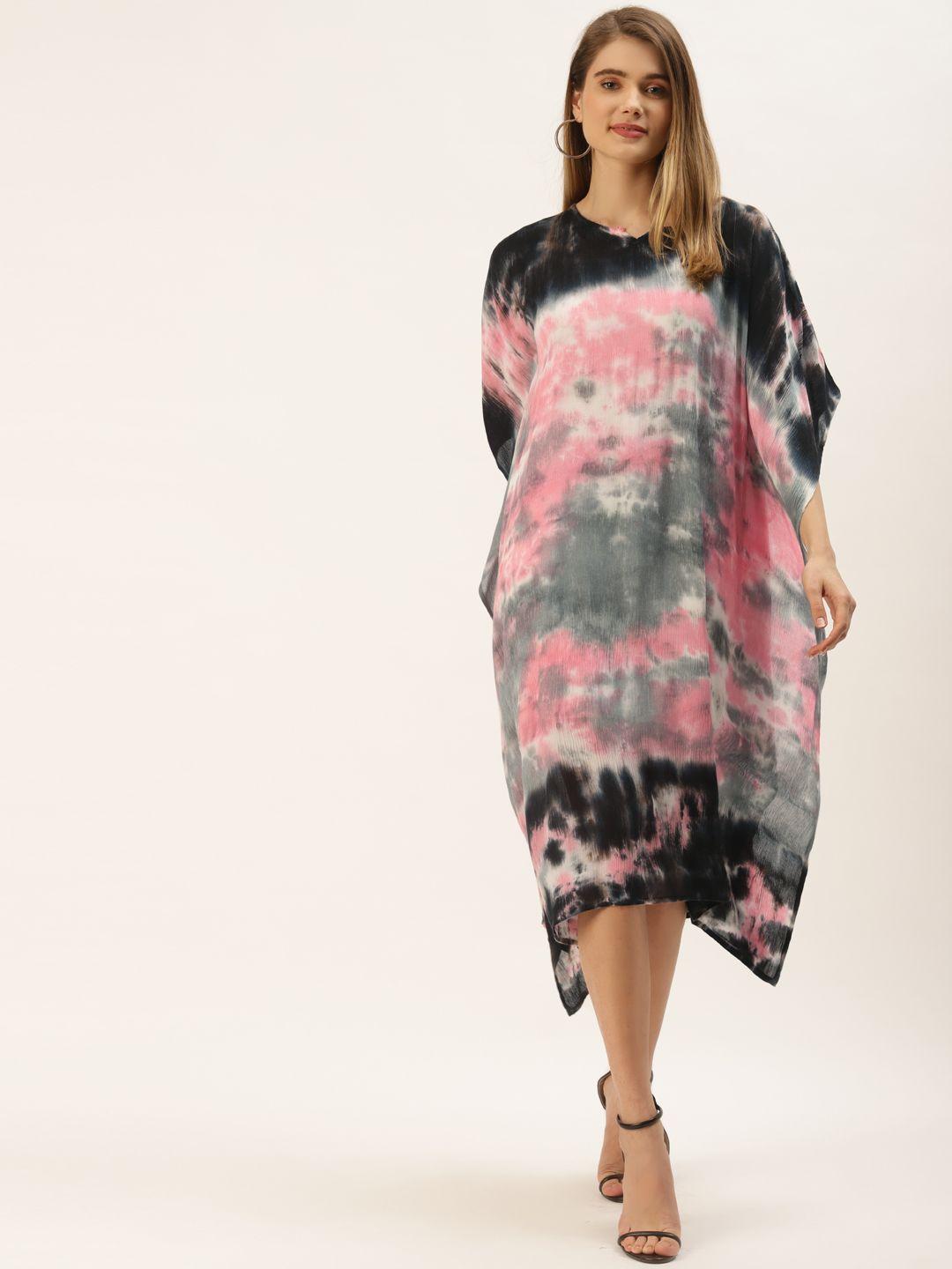 maaesa women black & pink tie and dye kaftan midi dress