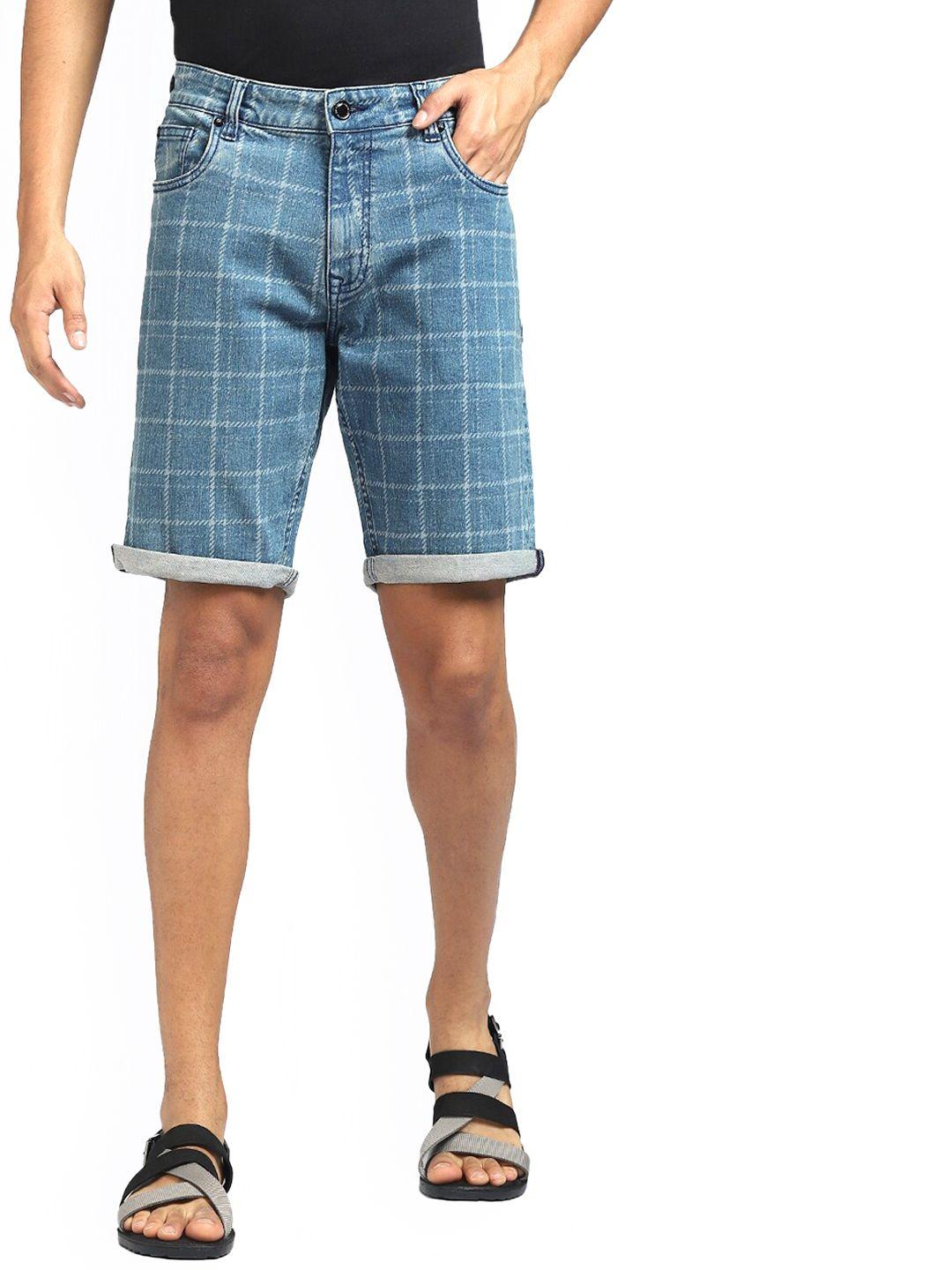 jack & jones men blue checked low-rise denim shorts