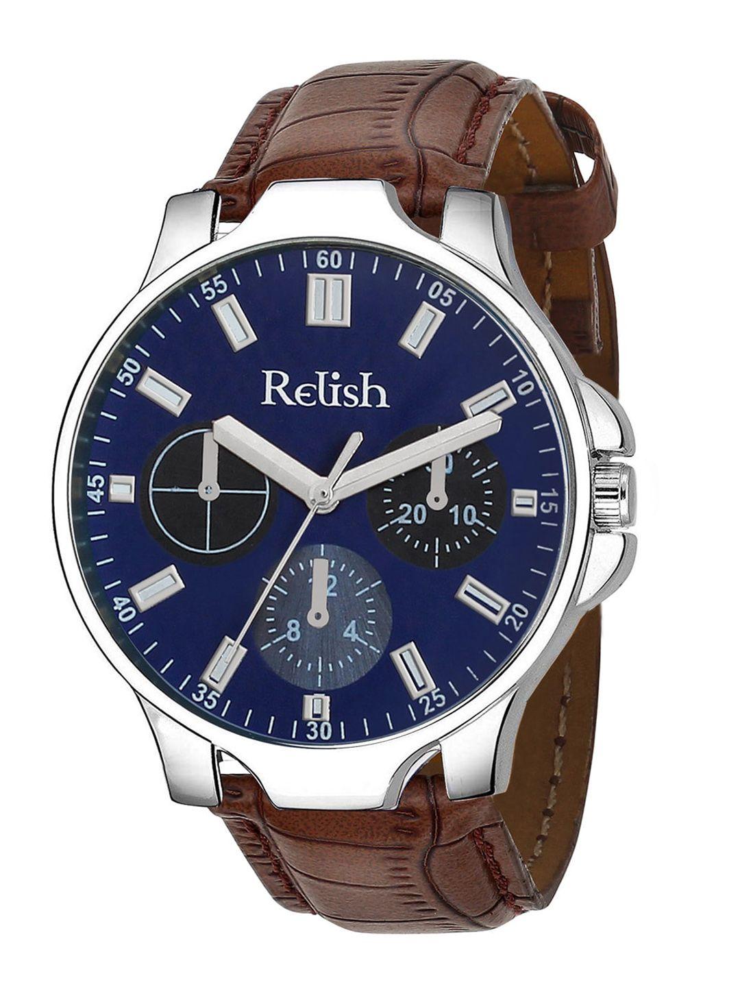 relish men blue patterned dial & brown straps analogue watch - re-bb1077