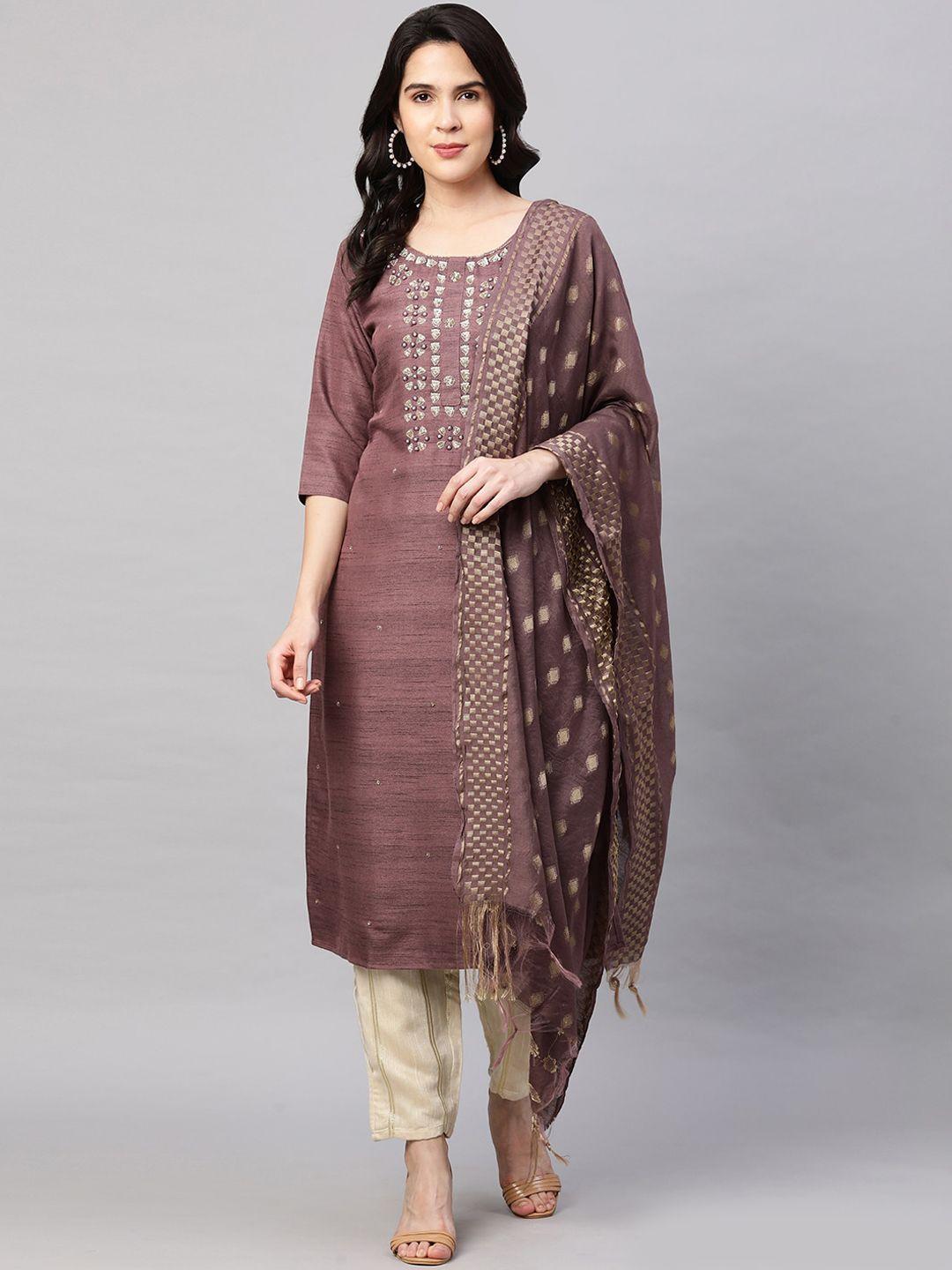 fashor women mauve embroidered kurta with dupatta