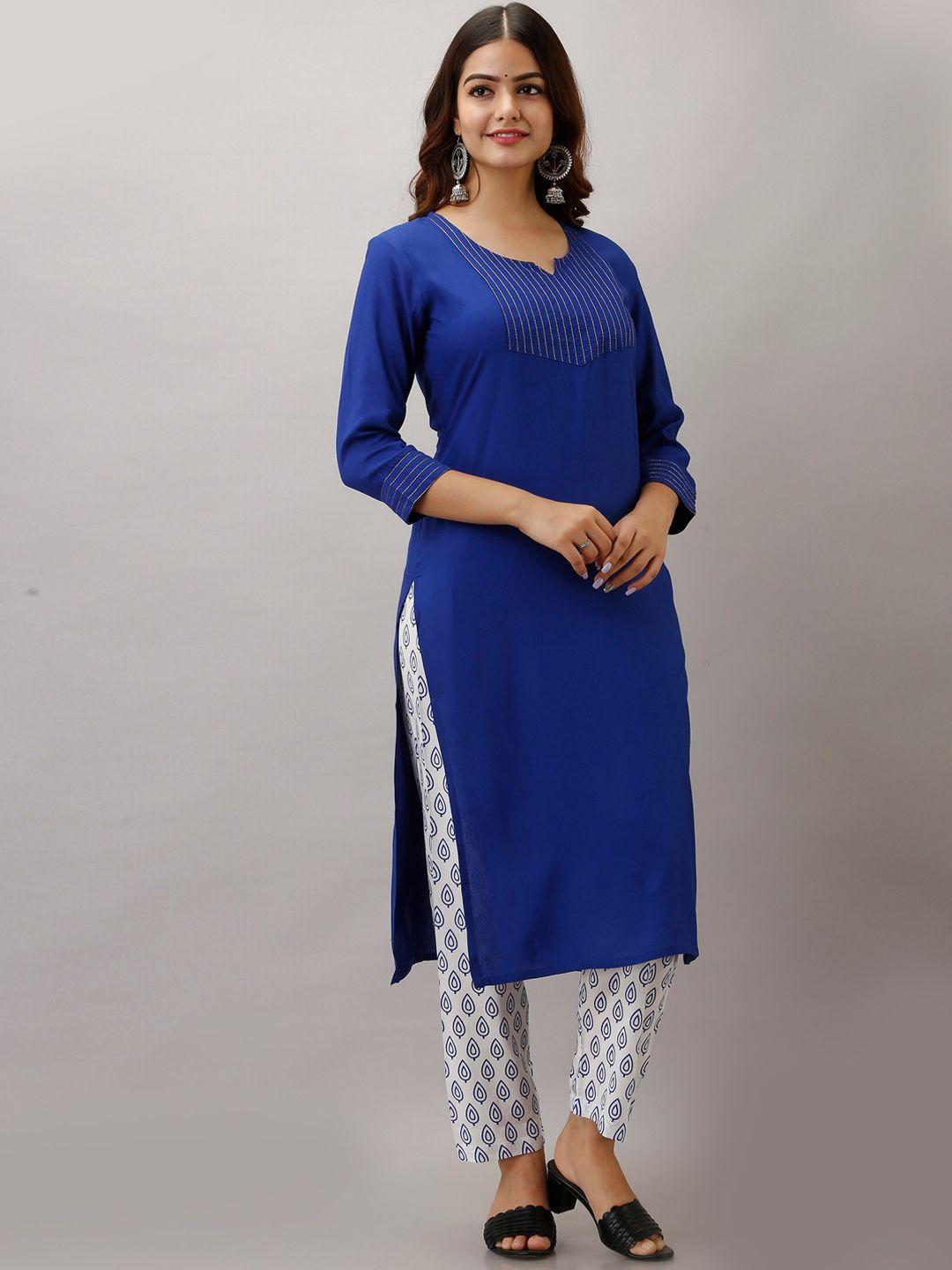 kalini women blue solid kurta with trousers