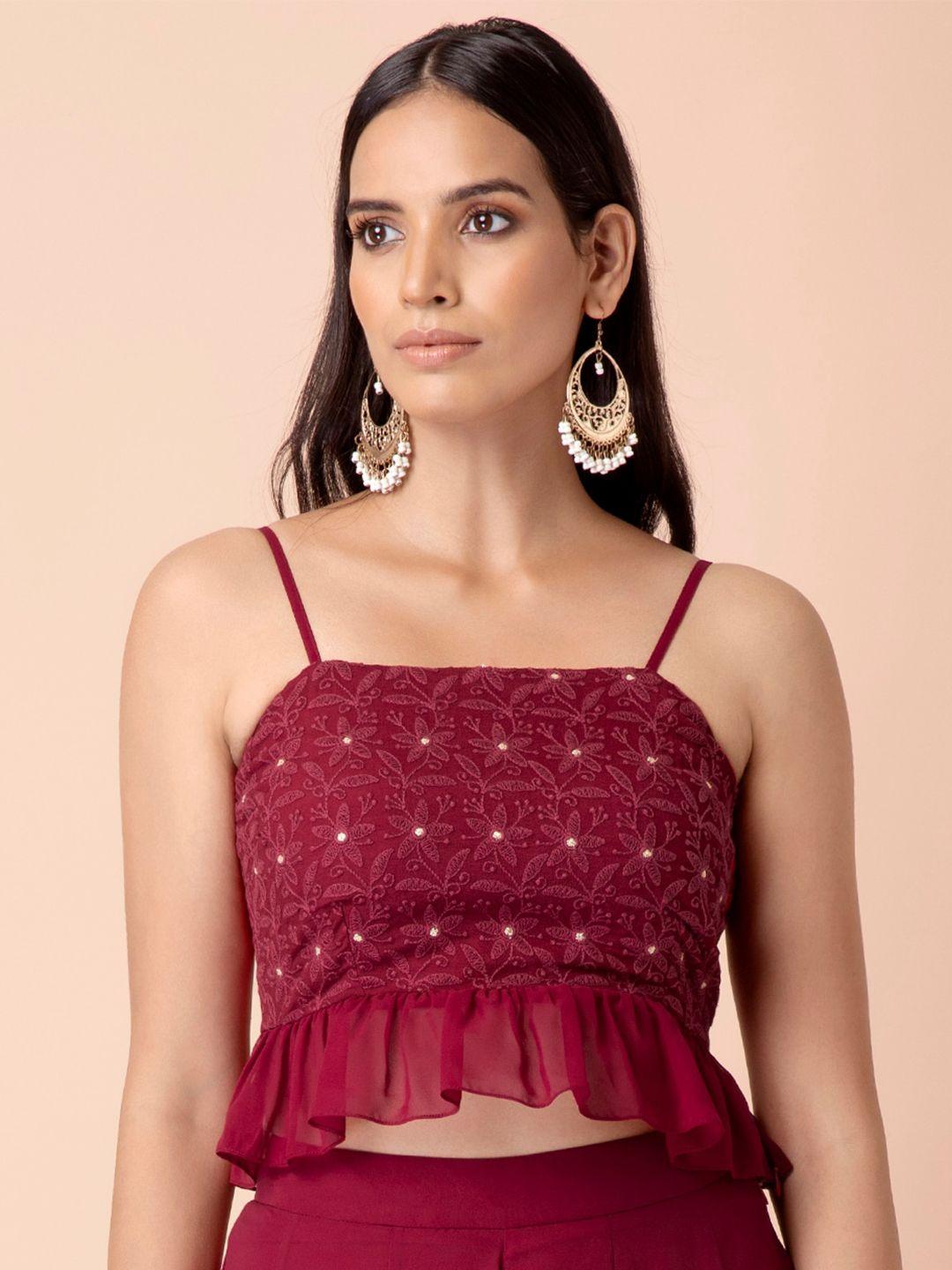 indya women maroon & sangria chikankari peplum crop top