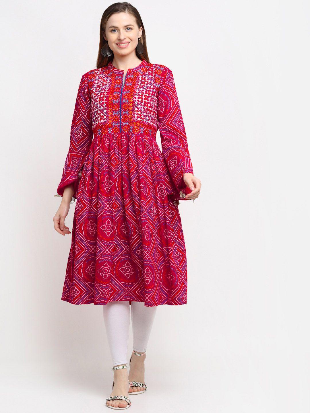 kalini women red ethnic motifs cotton bell sleeves anarkali kurta