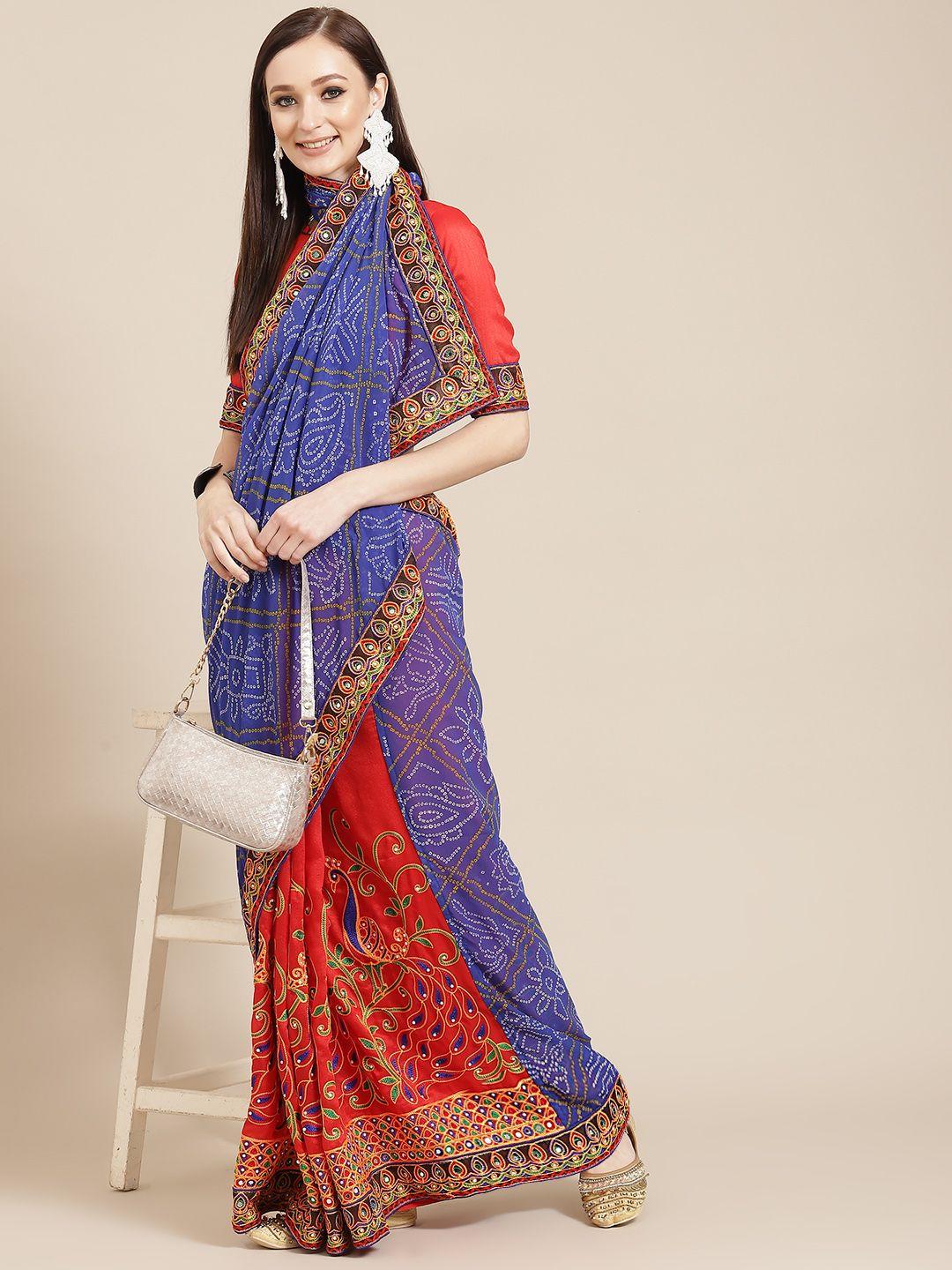 serona fabrics blue & red bandhani embroidered pure georgette ready to wear saree