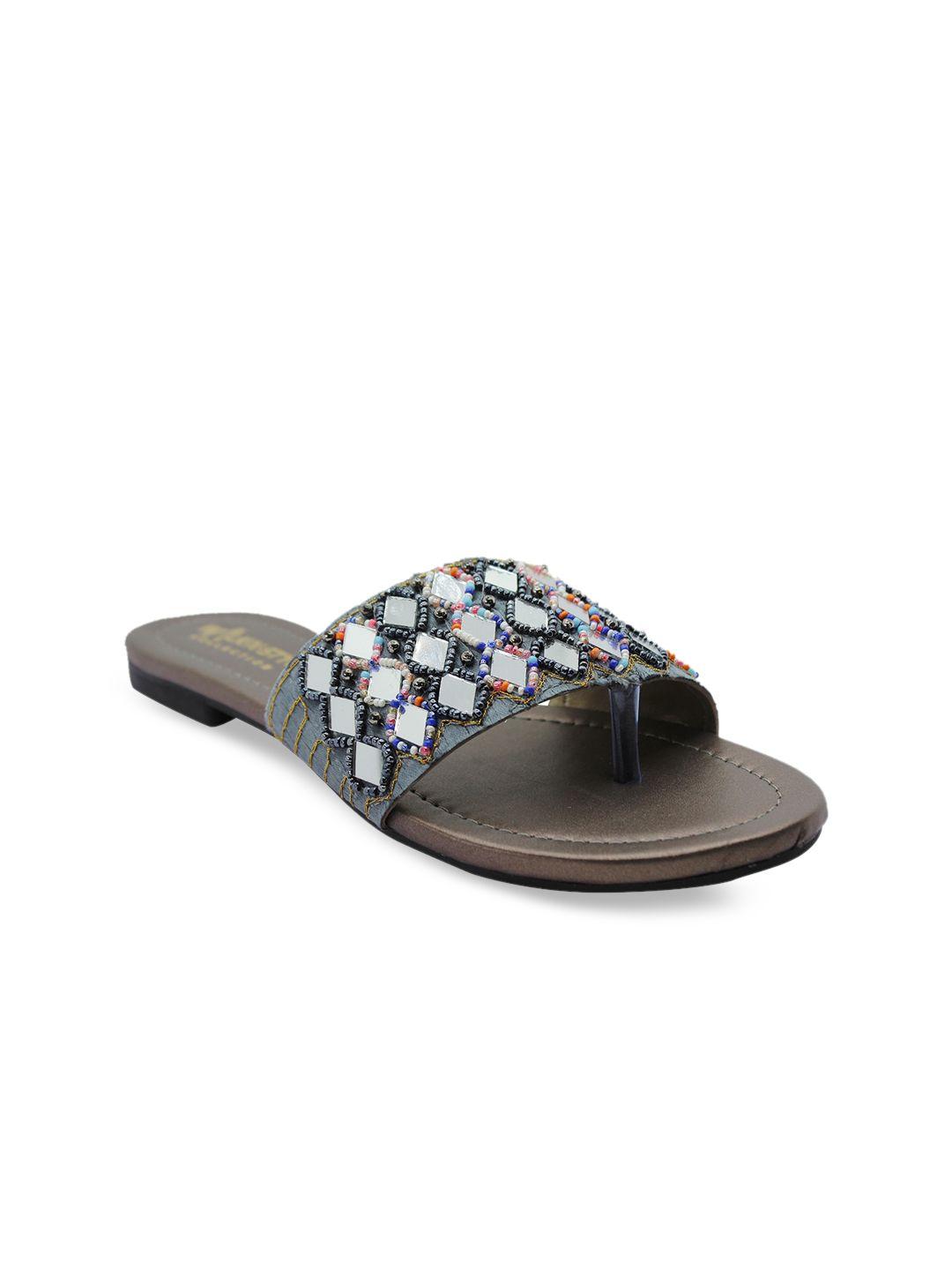 walk n style collection women grey embellished leather ethnic open toe flats