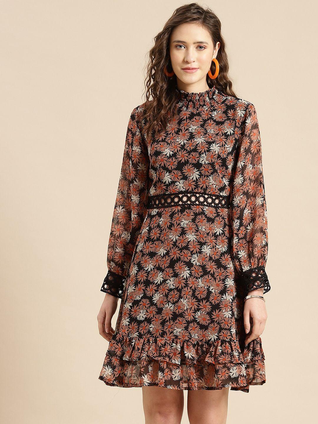 woowzerz black & peach-coloured floral georgette a-line dress