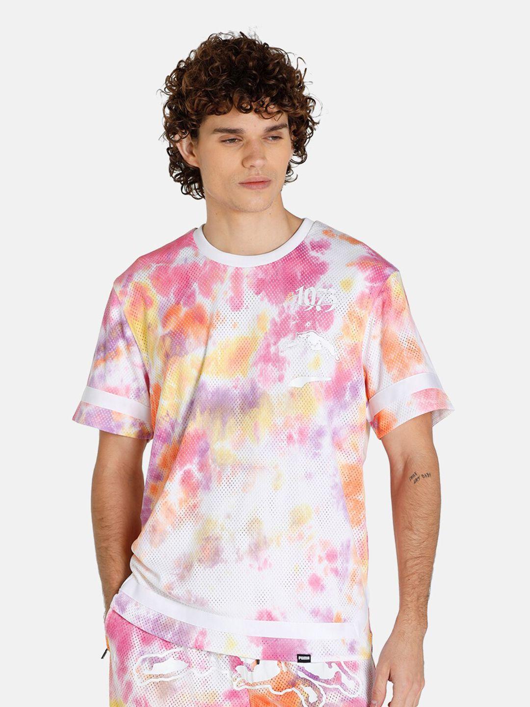 puma men pink & white tie and dye printed t-shirt