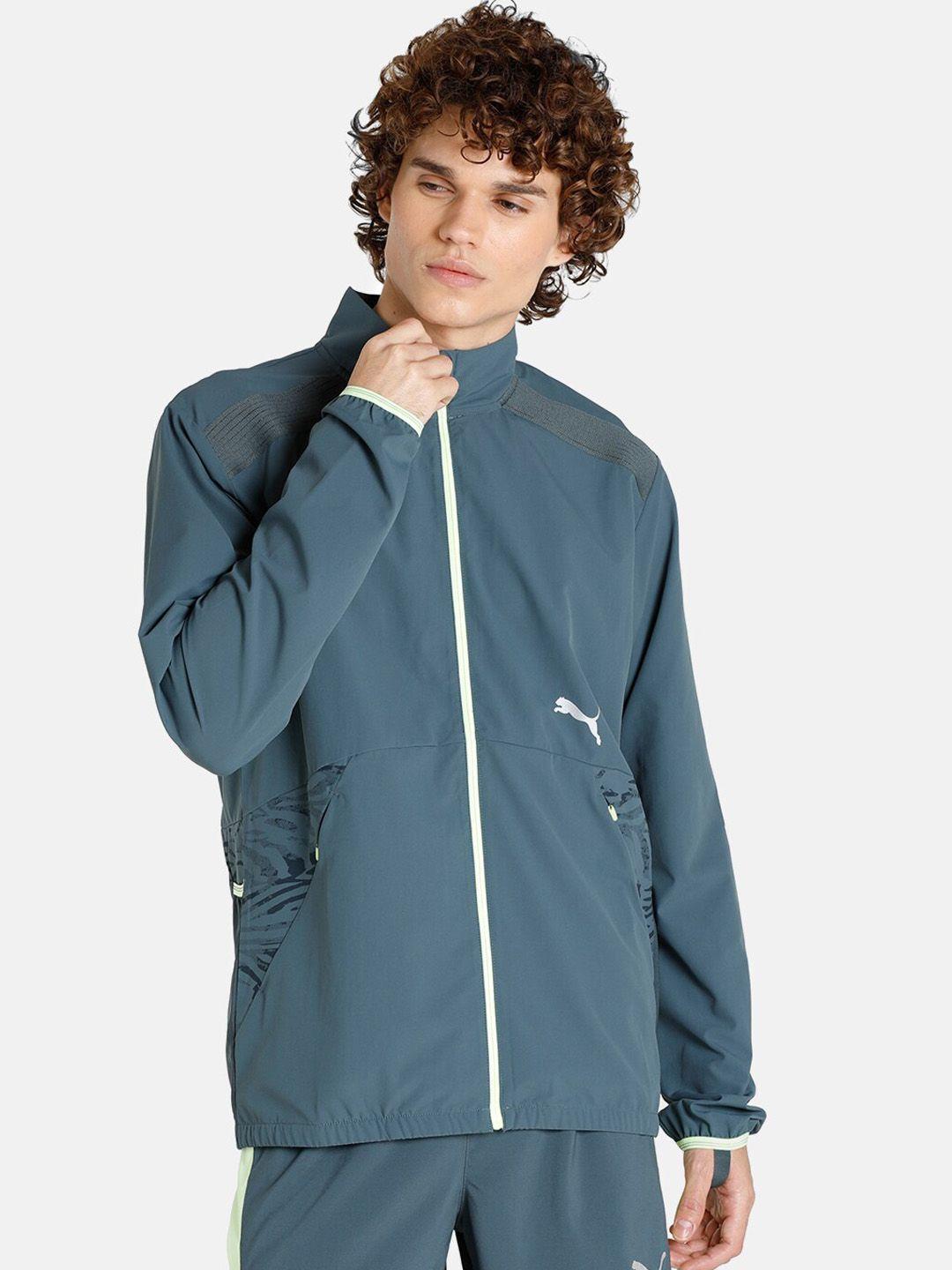 puma men grey solid stand collar running track jacket