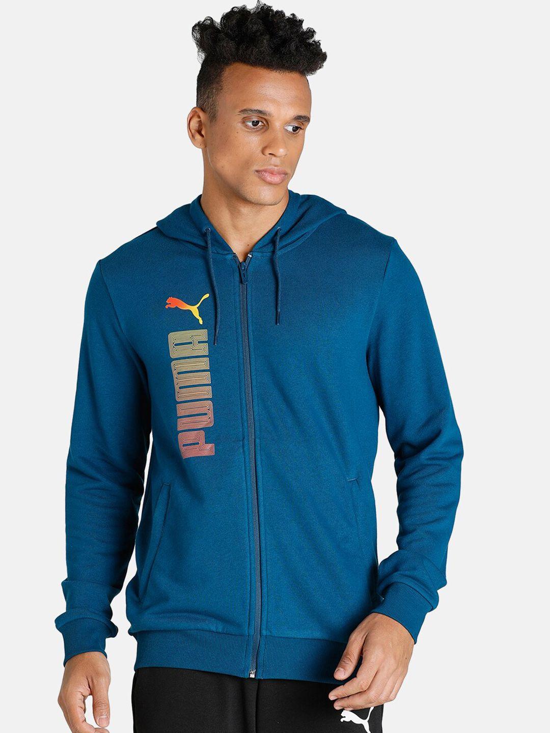 puma men blue & orange brand logo printed hooded cotton bomber track jacket