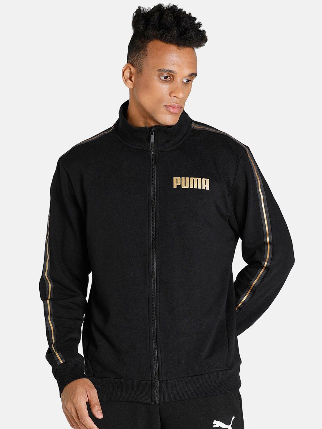 puma men black & gold-toned printed bomber track jacket