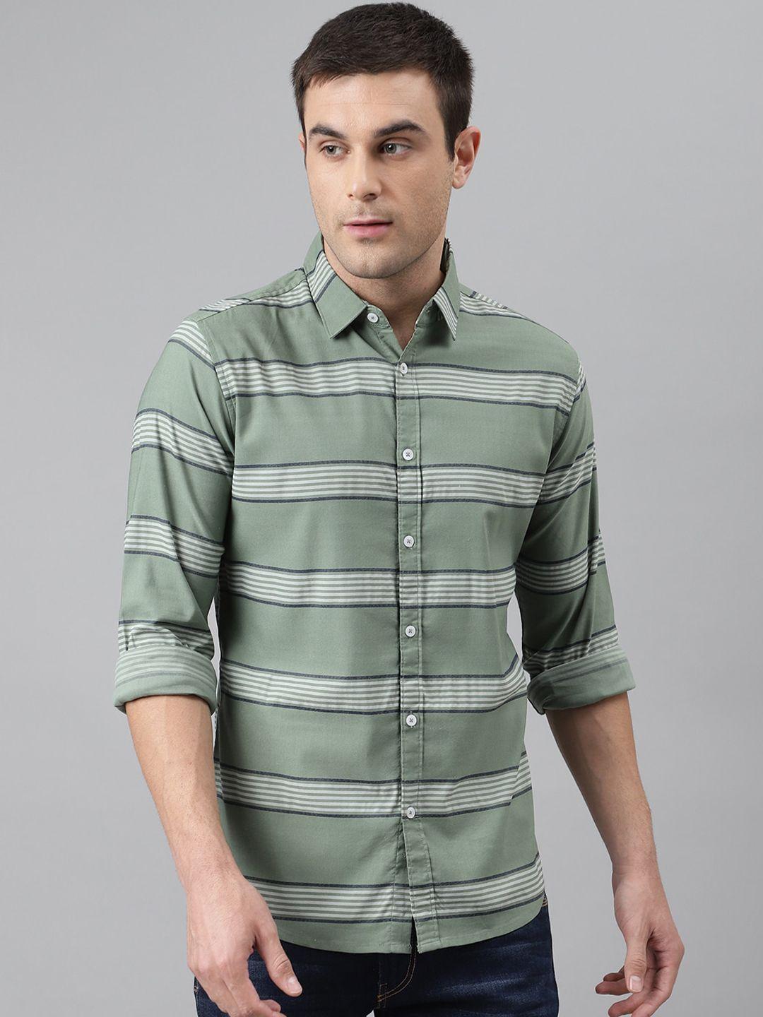 dennis lingo men green comfort slim fit striped pure cotton casual shirt