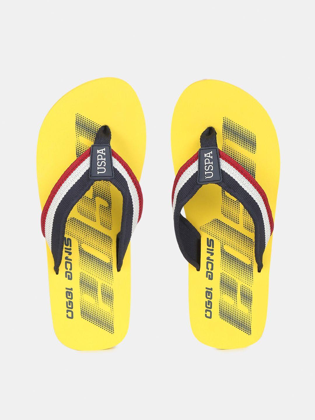 u s polo assn men yellow & white printed thong flip-flops