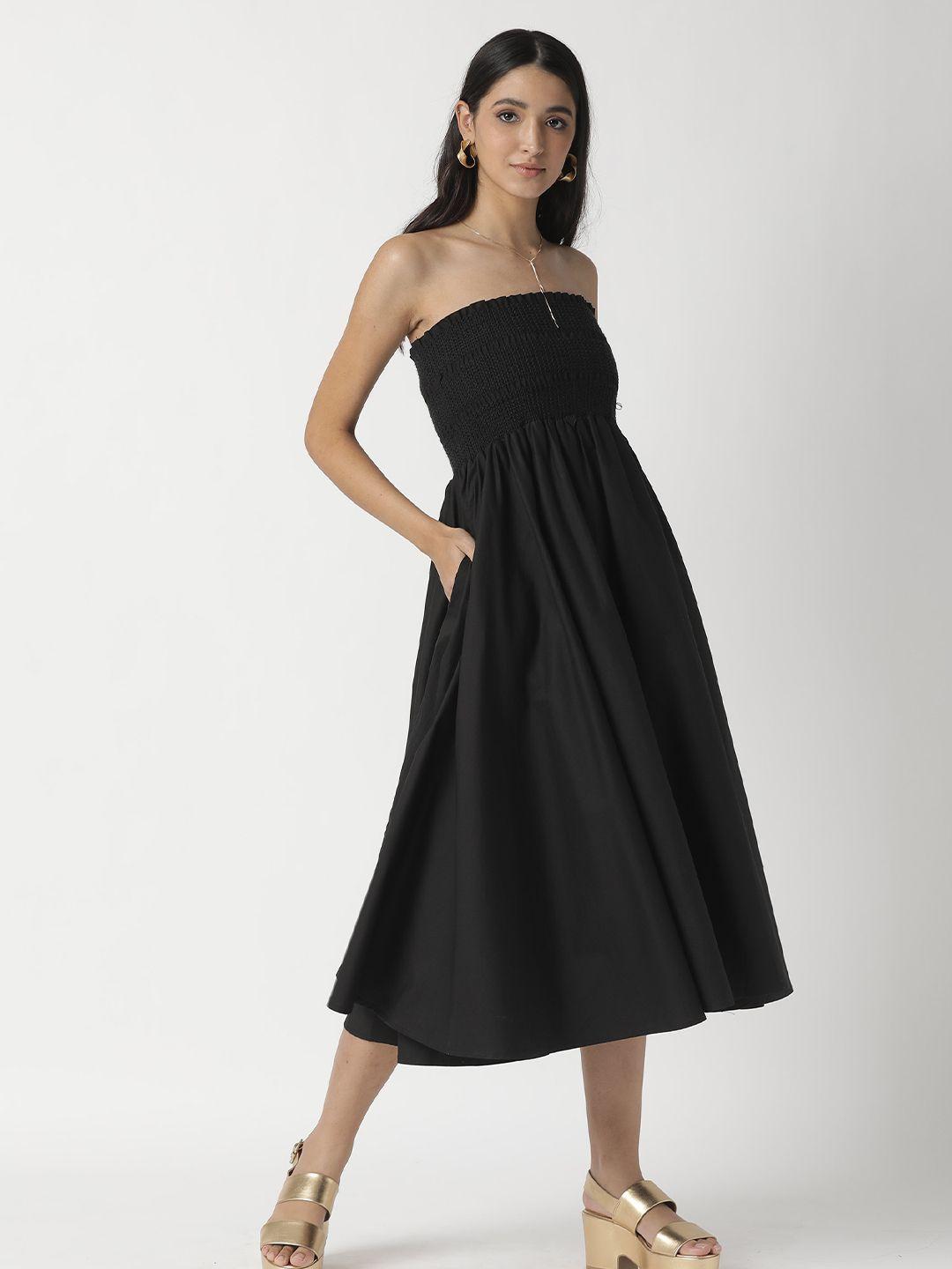 rareism black shoulder straps smocked midi dress